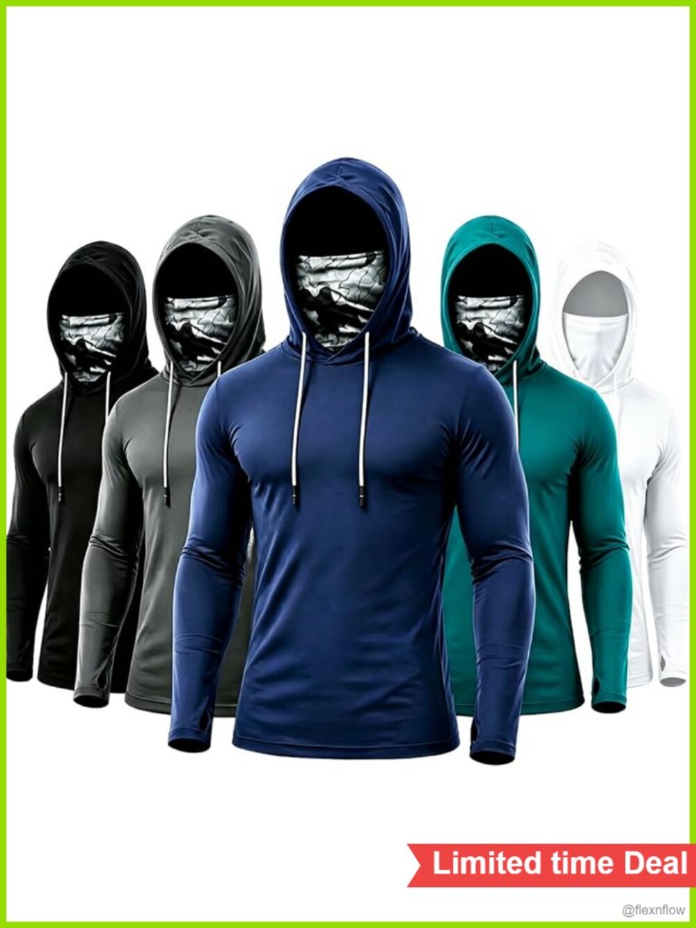 3 Pack Men's Hooded Long Sleeve Shirt Face Mask Sun Protection UPF Stretch